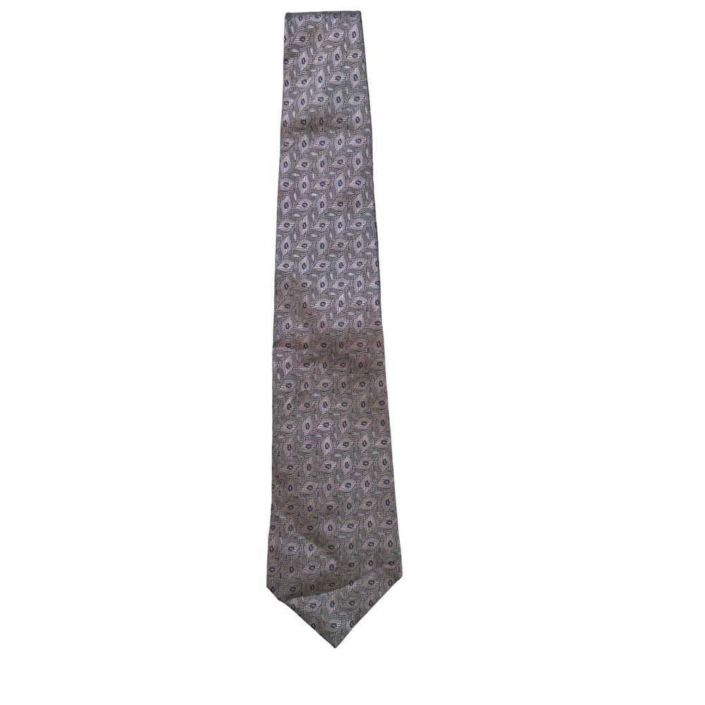 Vintage 80s Bugatti Silk Necktie Brown Blue Geometric Pattern Designer Italy